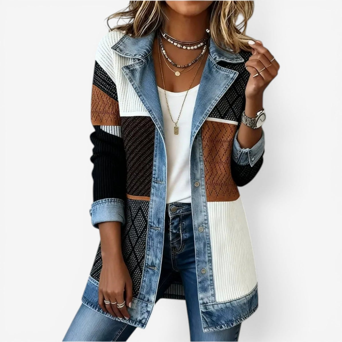 Tara - Modern Layered Denim Knit Jacket for Everyday Style