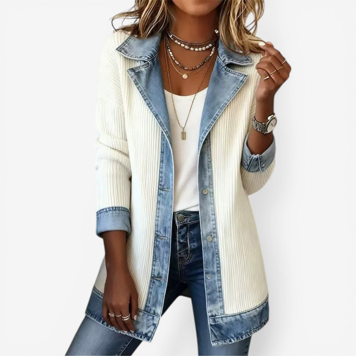 Tara - Modern Layered Denim Knit Jacket for Everyday Style