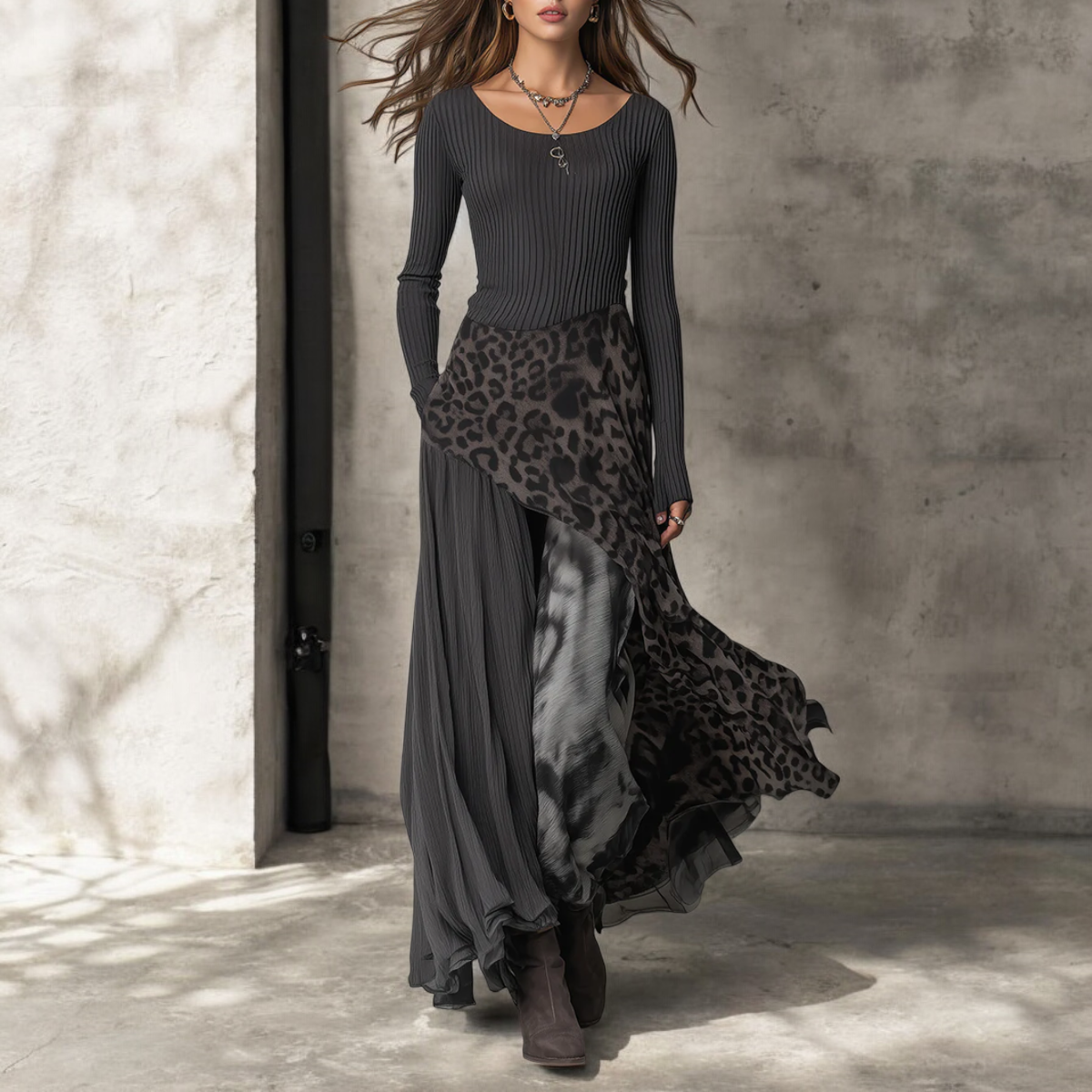 Faye™ | Long Dress with Leopard Accent