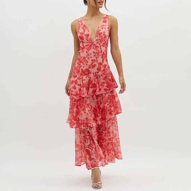 Xavryna – Floral Tiered Maxi Dress with Deep V-Neck