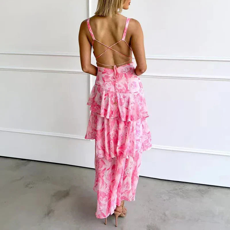 Xavryna – Floral Tiered Maxi Dress with Deep V-Neck