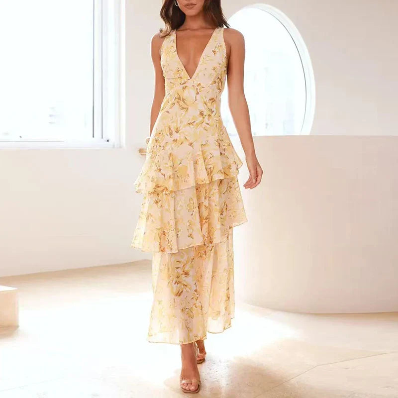 Xavryna – Floral Tiered Maxi Dress with Deep V-Neck