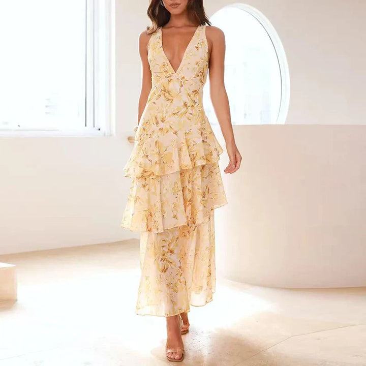 Xavryna – Floral Tiered Maxi Dress with Deep V-Neck