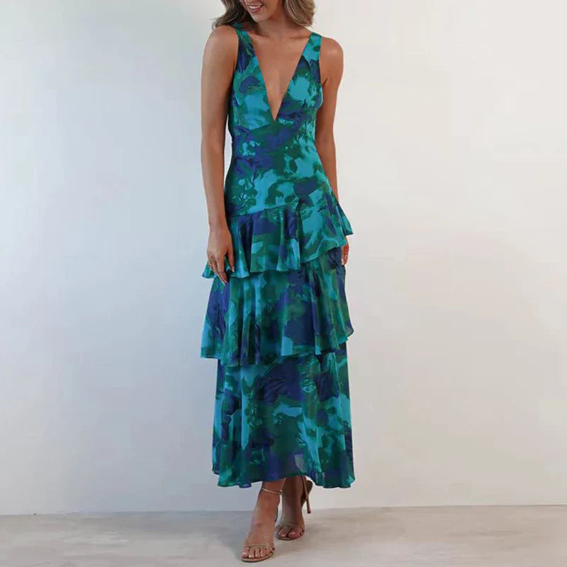 Xavryna – Floral Tiered Maxi Dress with Deep V-Neck