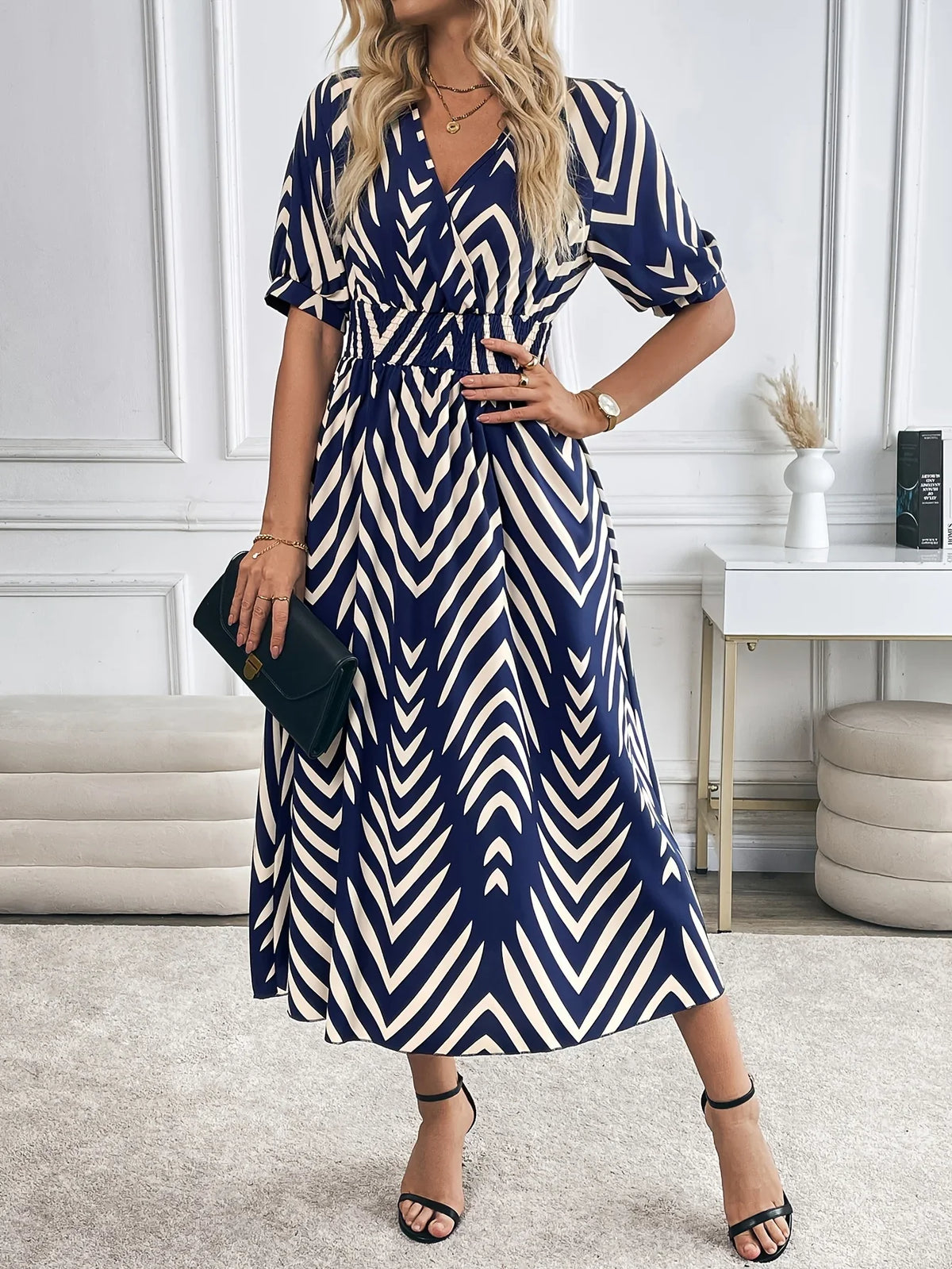 Selina – Geometric Flow Midi Dress