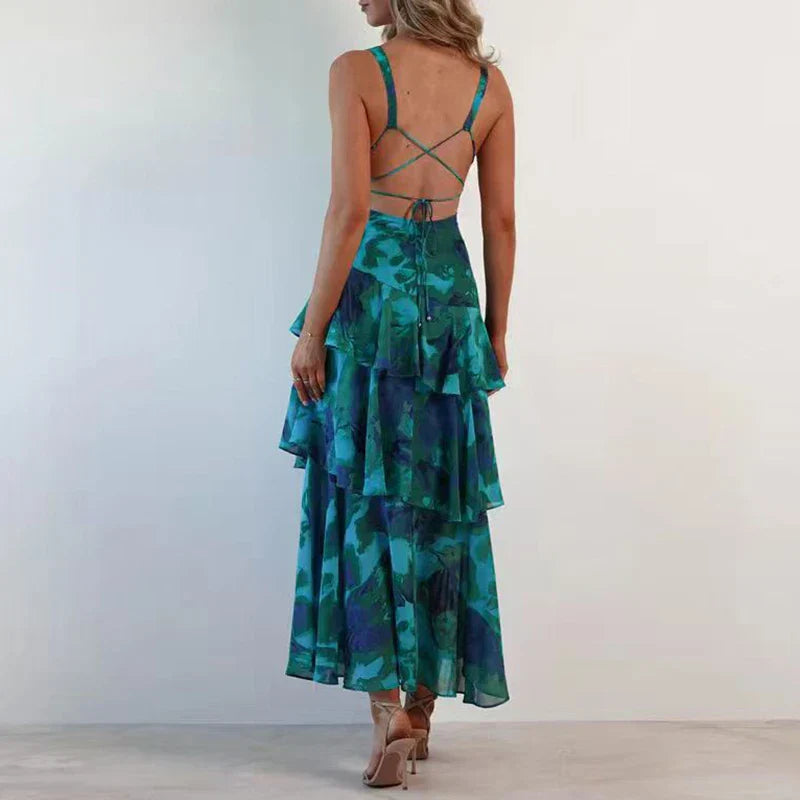 Xavryna – Floral Tiered Maxi Dress with Deep V-Neck