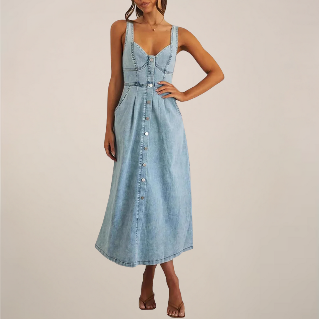 denim midi dress uk Sleeveless Button-Front Denim Midi Dress – Timeless Style, Effortless Appeal