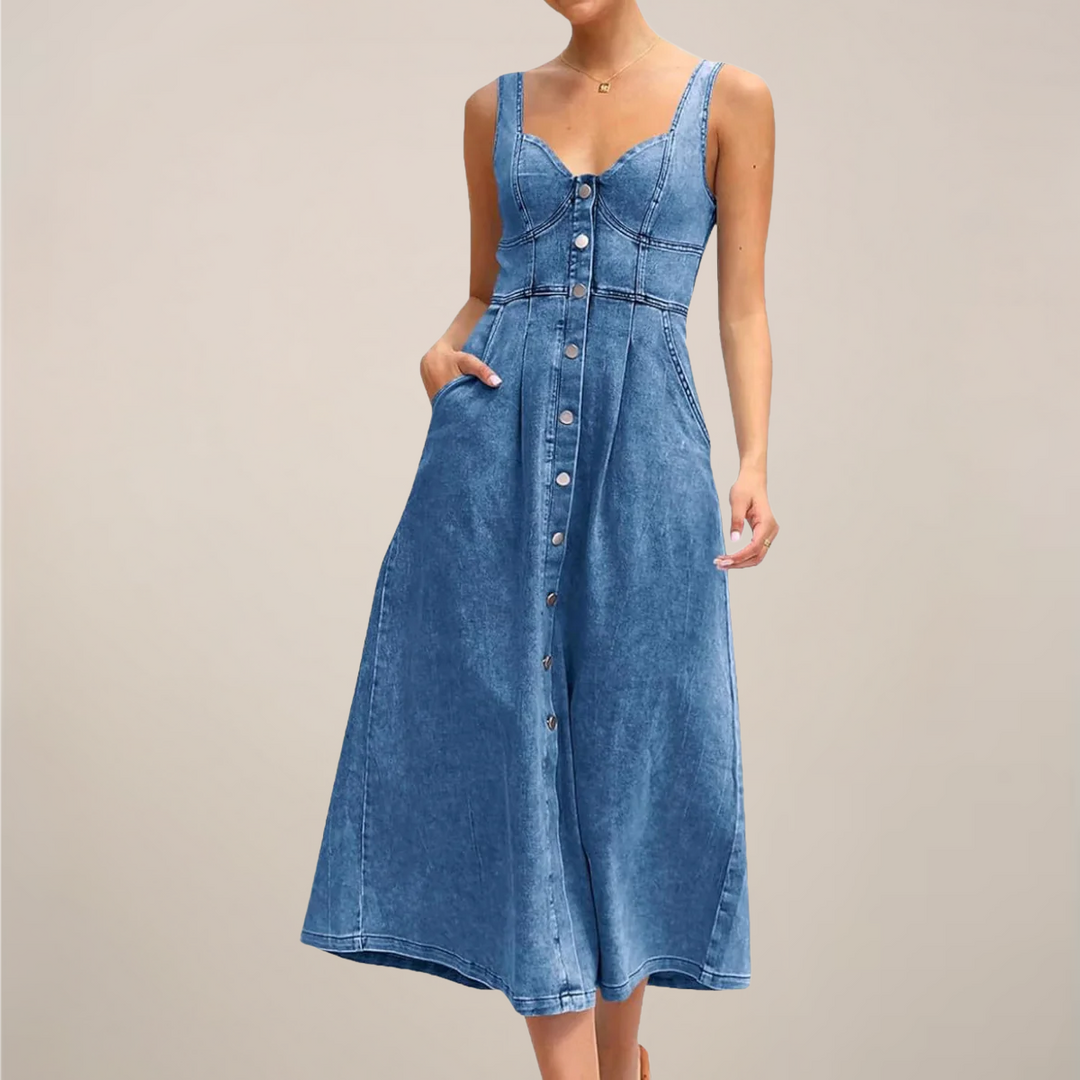 denim dress uk Sosandar Soft Blue Denim Midi Dress with Pockets