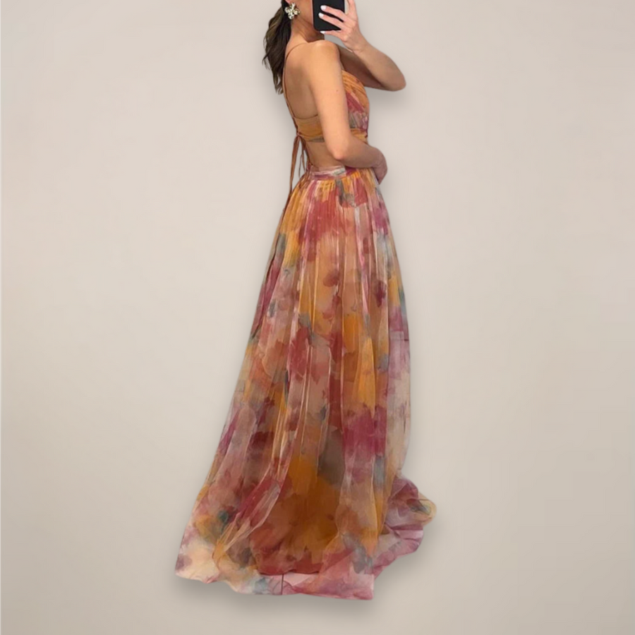 Women’s Floral Maxi Dress – Adjustable Back Tie – Lightweight Fabric – Romantic Print – Day-to-Night Versatility
