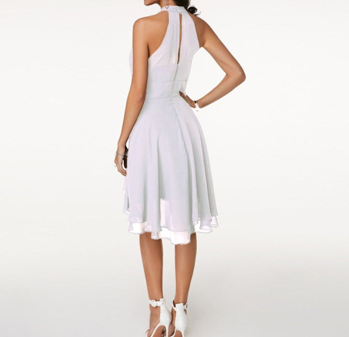 Women’s Halter Midi Dress – Flared Skirt with Ruffle Detailing