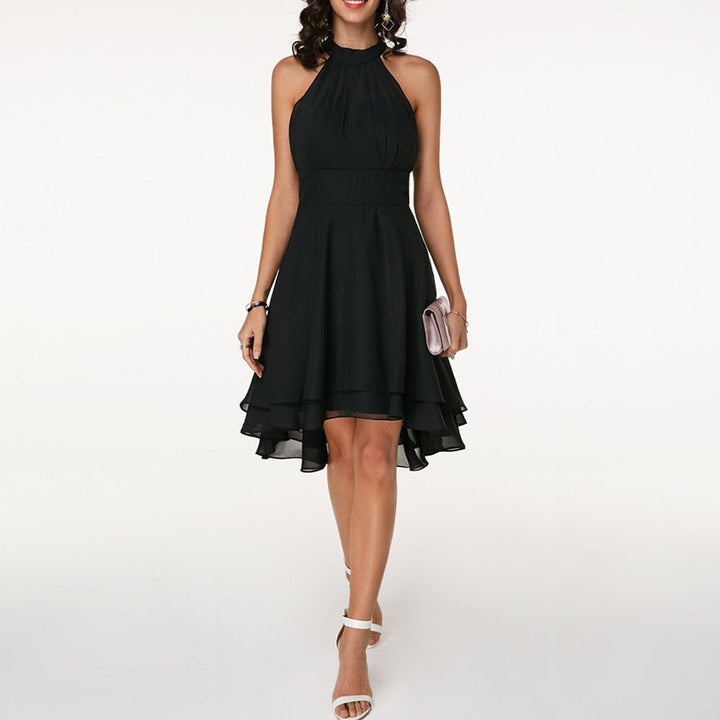 Women’s Halter Midi Dress – Flared Skirt with Ruffle Detailing