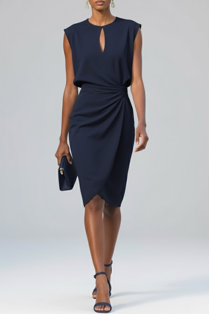 Women’s Keyhole Neck Midi Cocktail Dress – Elegant Ruched Waist Design