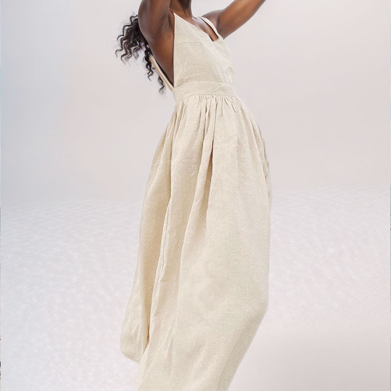 Women’s Linen Midi Dress – V-Neck – Open Back – Adjustable Tie Straps – Side Slit