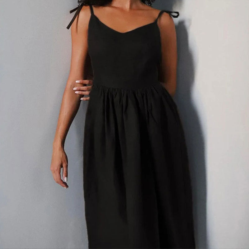 Women’s Linen Midi Dress – V-Neck – Open Back – Adjustable Tie Straps – Side Slit