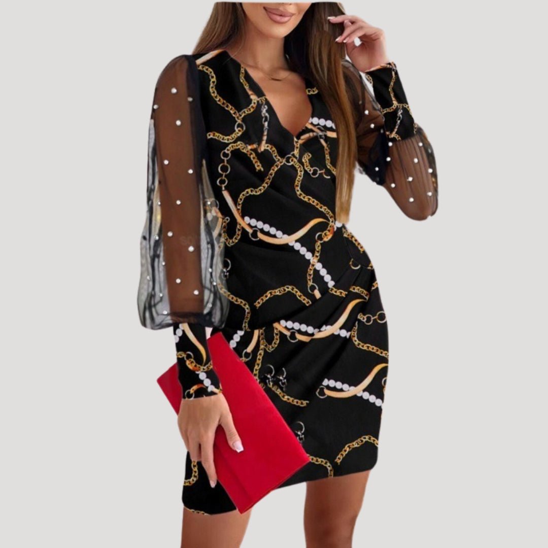 Women’s Mini Wrap Dress – Sheer Chiffon Sleeves & V-Neck