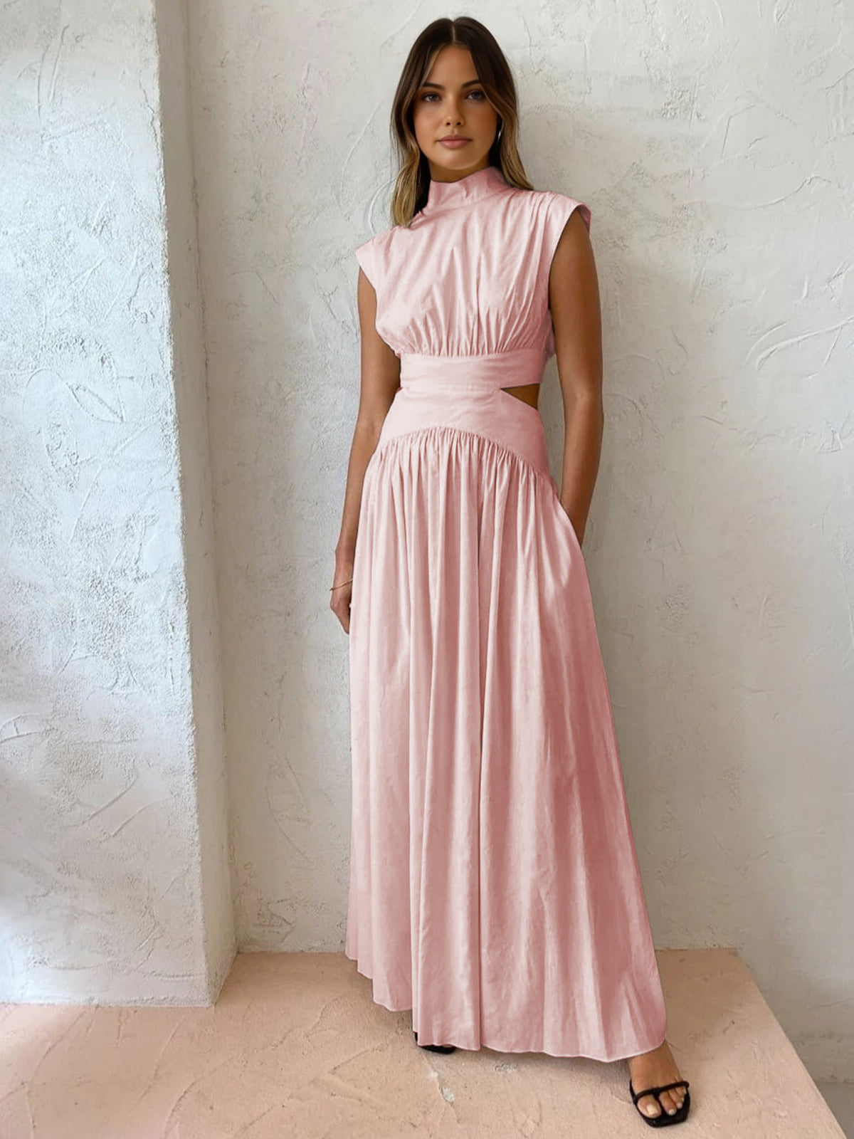 Women’s Mock Neck Maxi Dress – Sleeveless Romantic Style for Work, Holidays, and Parties
