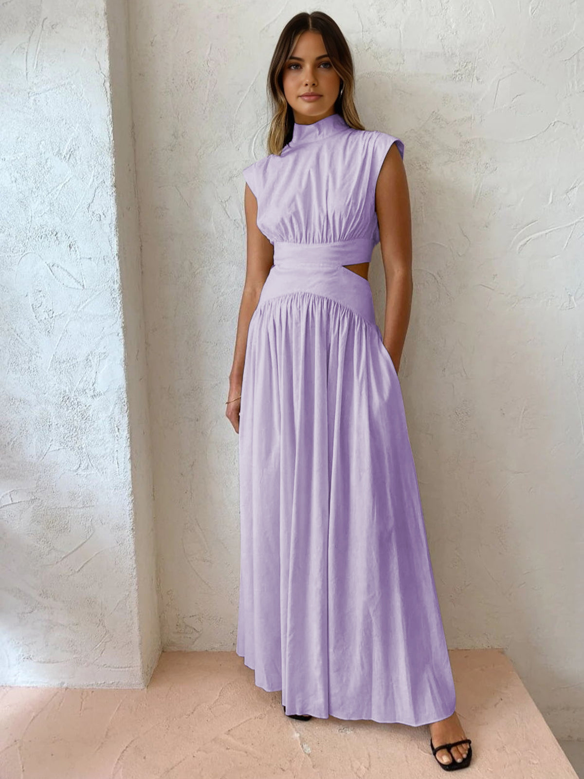 Women’s Mock Neck Maxi Dress – Sleeveless Romantic Style for Work, Holidays, and Parties