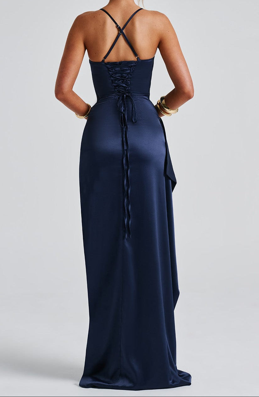 Women’s Navy Blue Evening Maxi Dress – Spaghetti Strap, High Slit, Ruched Waist