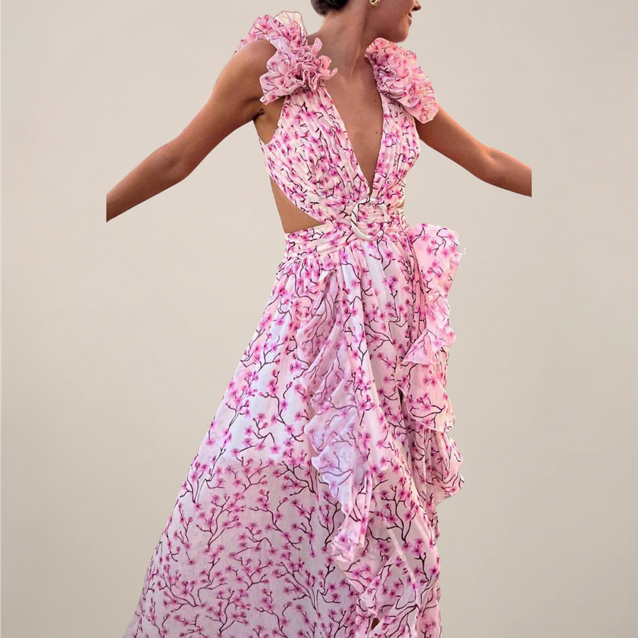 Women’s Plunging V-Neck Ruffled Sleeves Maxi Dress with Cut-Out Waist and High Slit