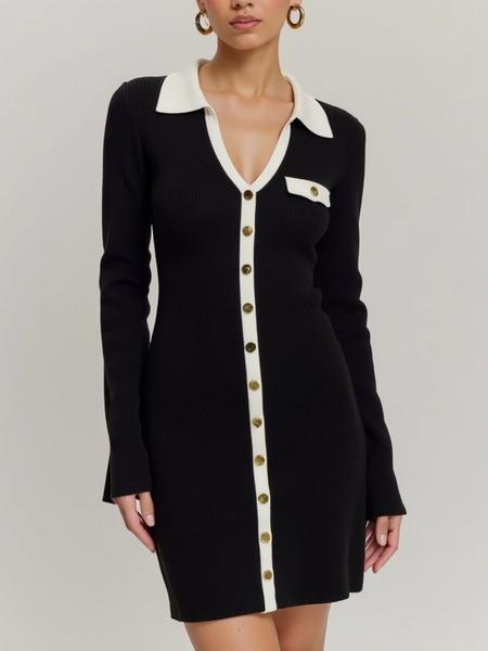 collared contrast trim knit mini dress Women's Mini Knit Dress – Contrast Trim, Collared, Button-Front – Thomas &  Lucy London