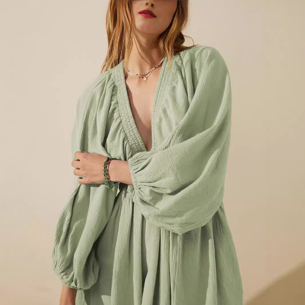 Women’s V-Neck Mini Dress – Long Sleeve – Relaxed Fit