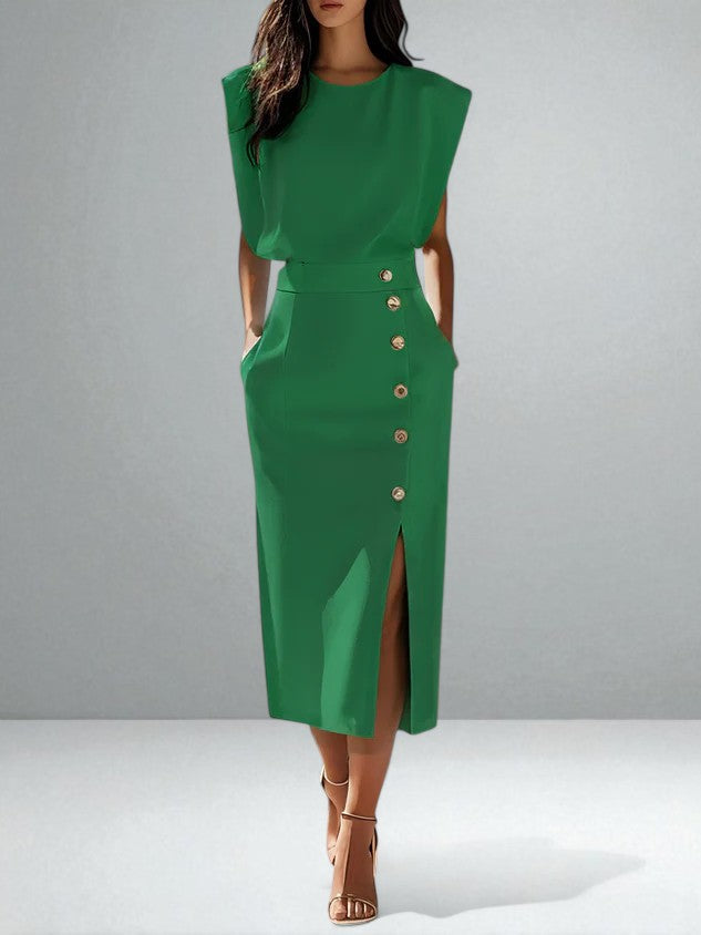 Victoria | Gold Button Midi Dress