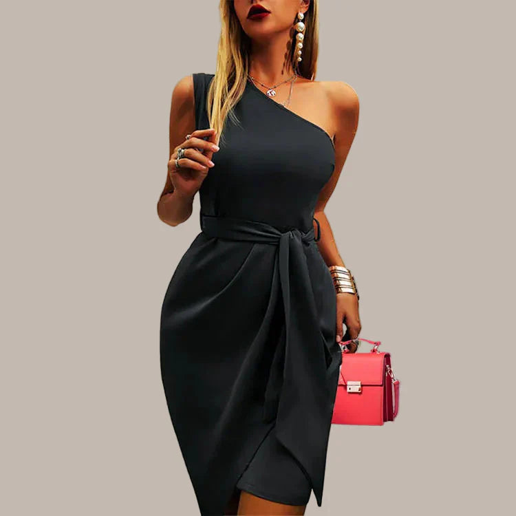 Women’s One Shoulder Midi Evening Dress – Asymmetric Fit with Waist Detail