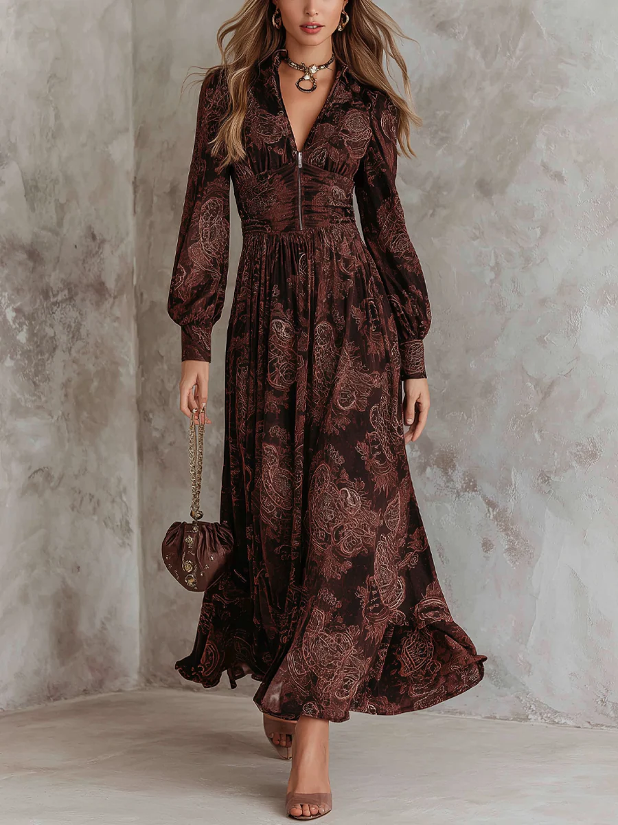Amelia – Paisley Zip Maxi Dress with Long Sleeves