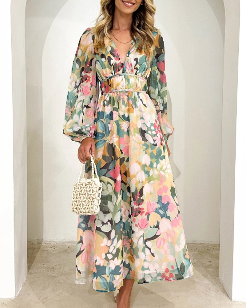 Arabella | Floral Print Lantern Sleeve Maxi Dress
