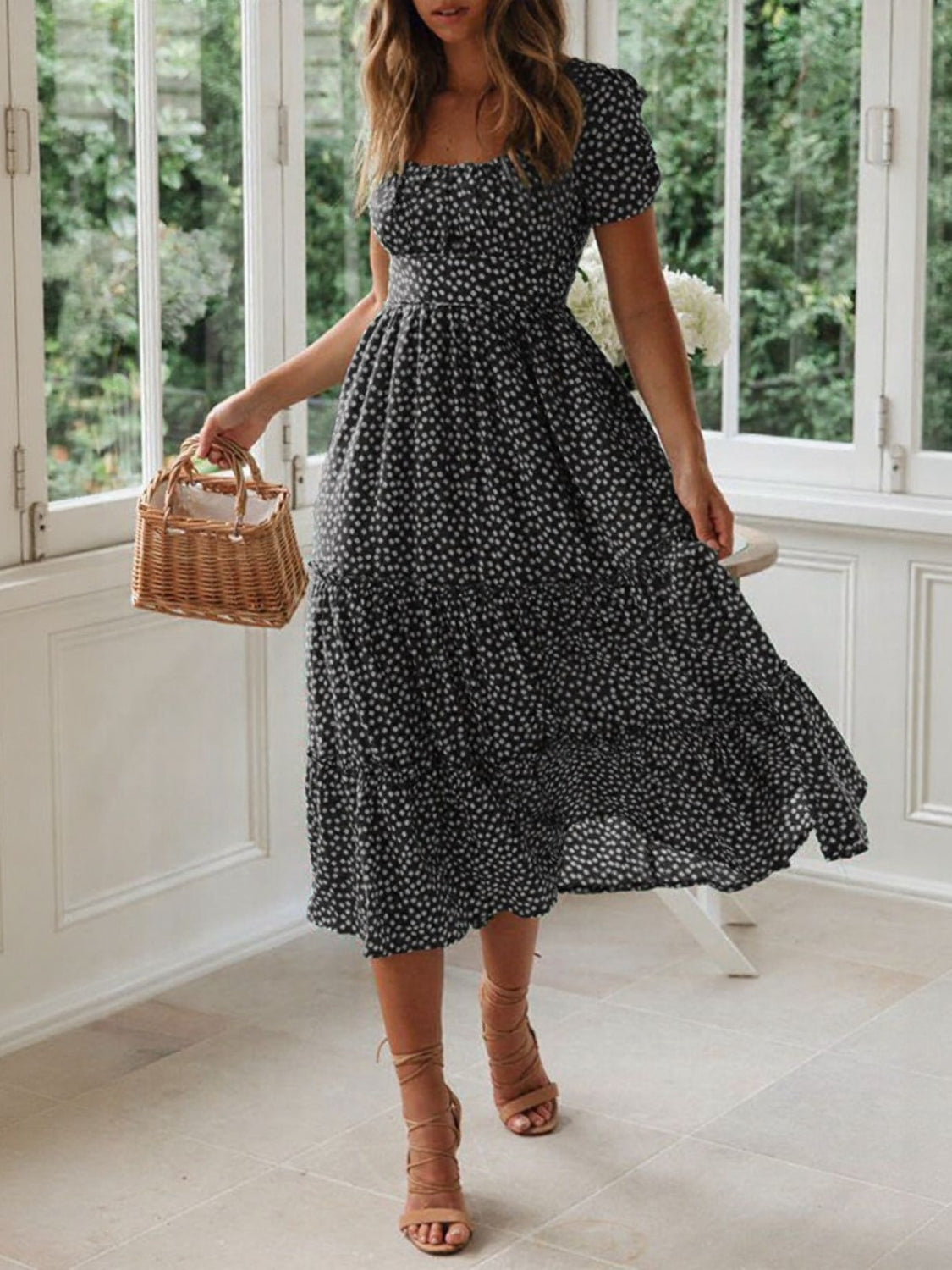 Rowena | Ditsy Floral Square Neck Midi Dress