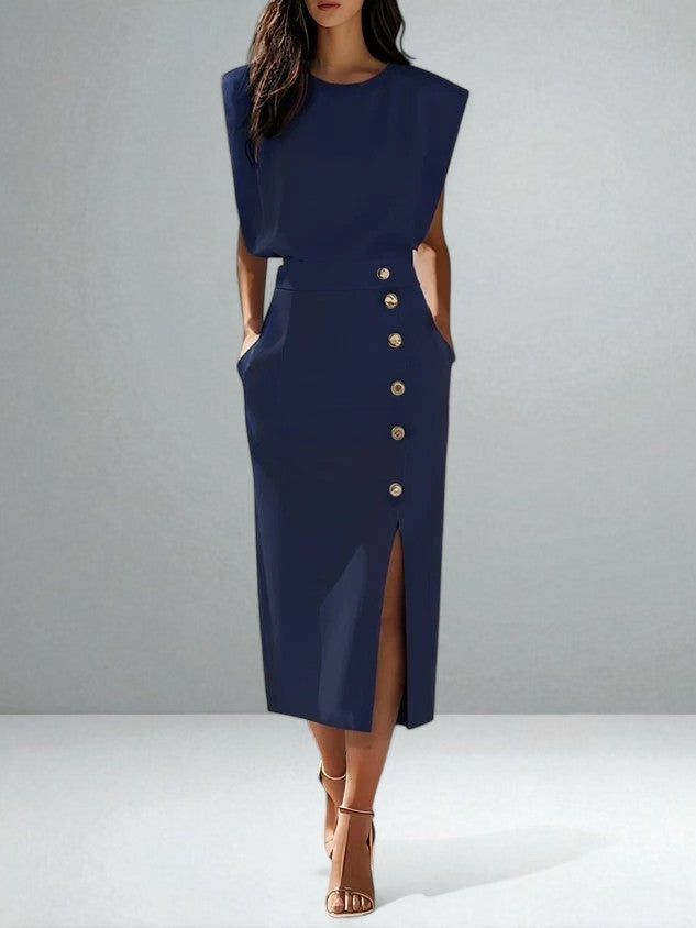 Victoria | Gold Button Midi Dress