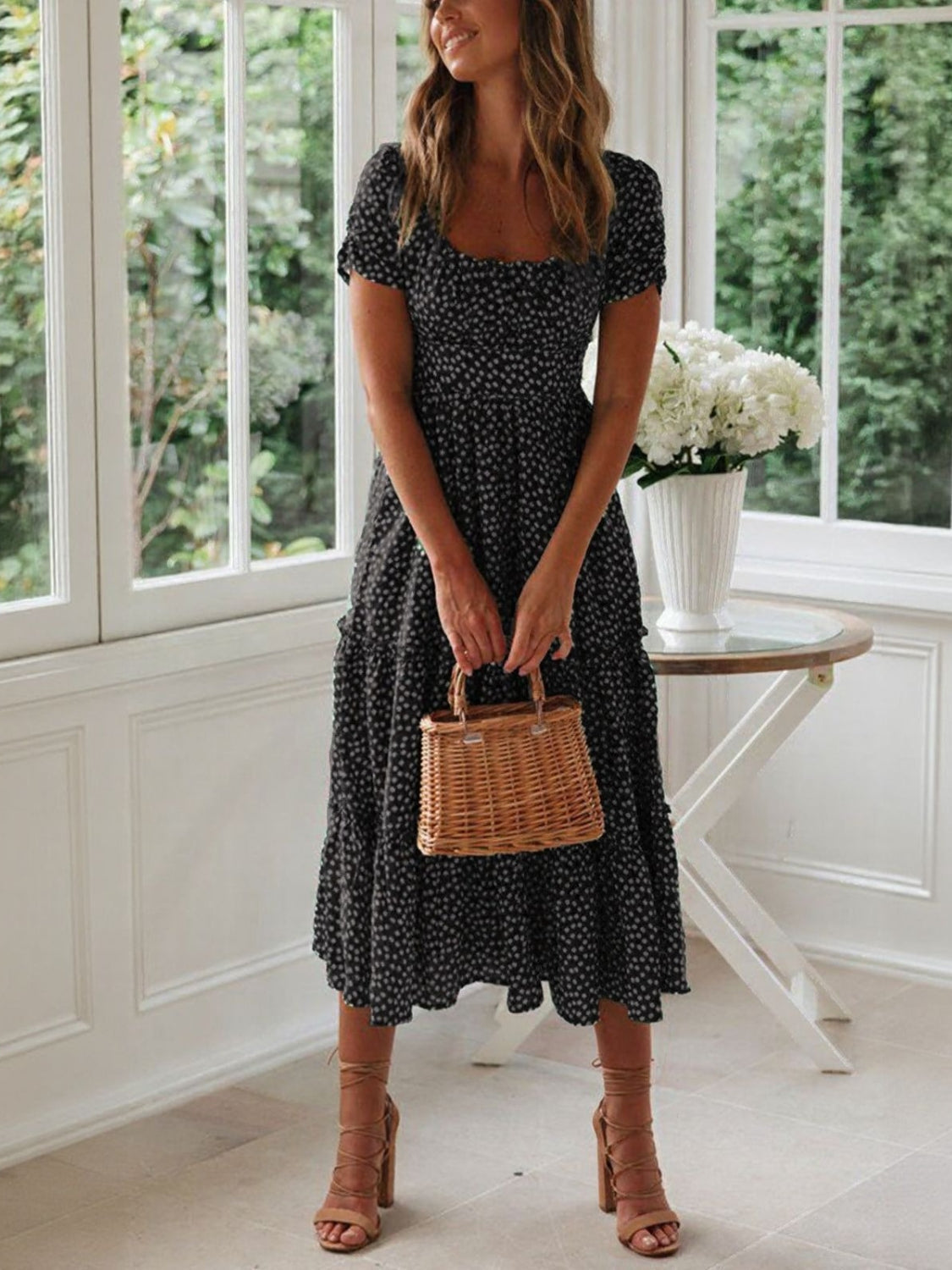 Rowena | Ditsy Floral Square Neck Midi Dress