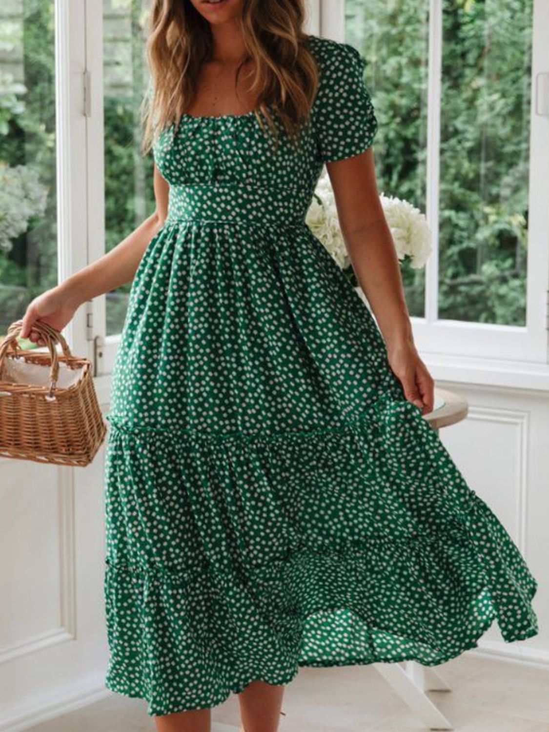 Rowena | Ditsy Floral Square Neck Midi Dress