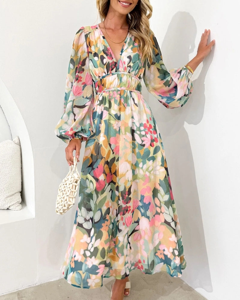 Arabella | Floral Print Lantern Sleeve Maxi Dress