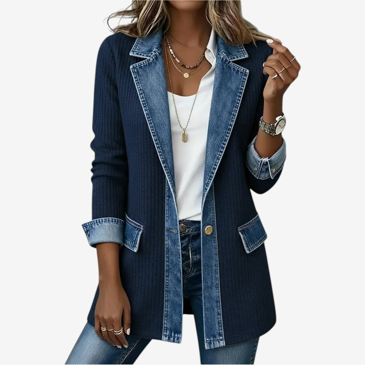 Tara - Modern Layered Denim Knit Jacket for Everyday Style