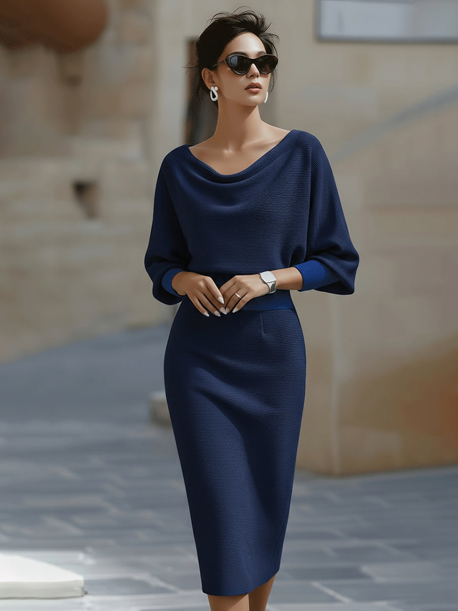 Noir | Cowl Neck Ribbed Midi Dress