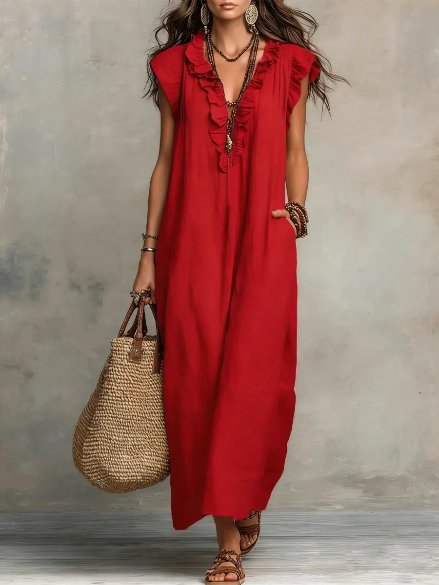 Margot | Ruffle-Neck Linen Maxi Dress