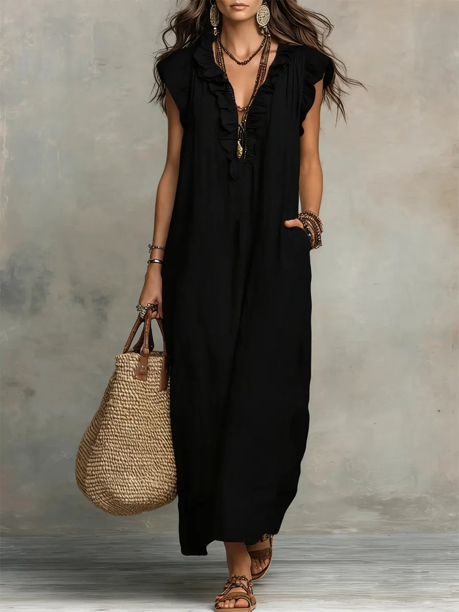 Margot | Ruffle-Neck Linen Maxi Dress