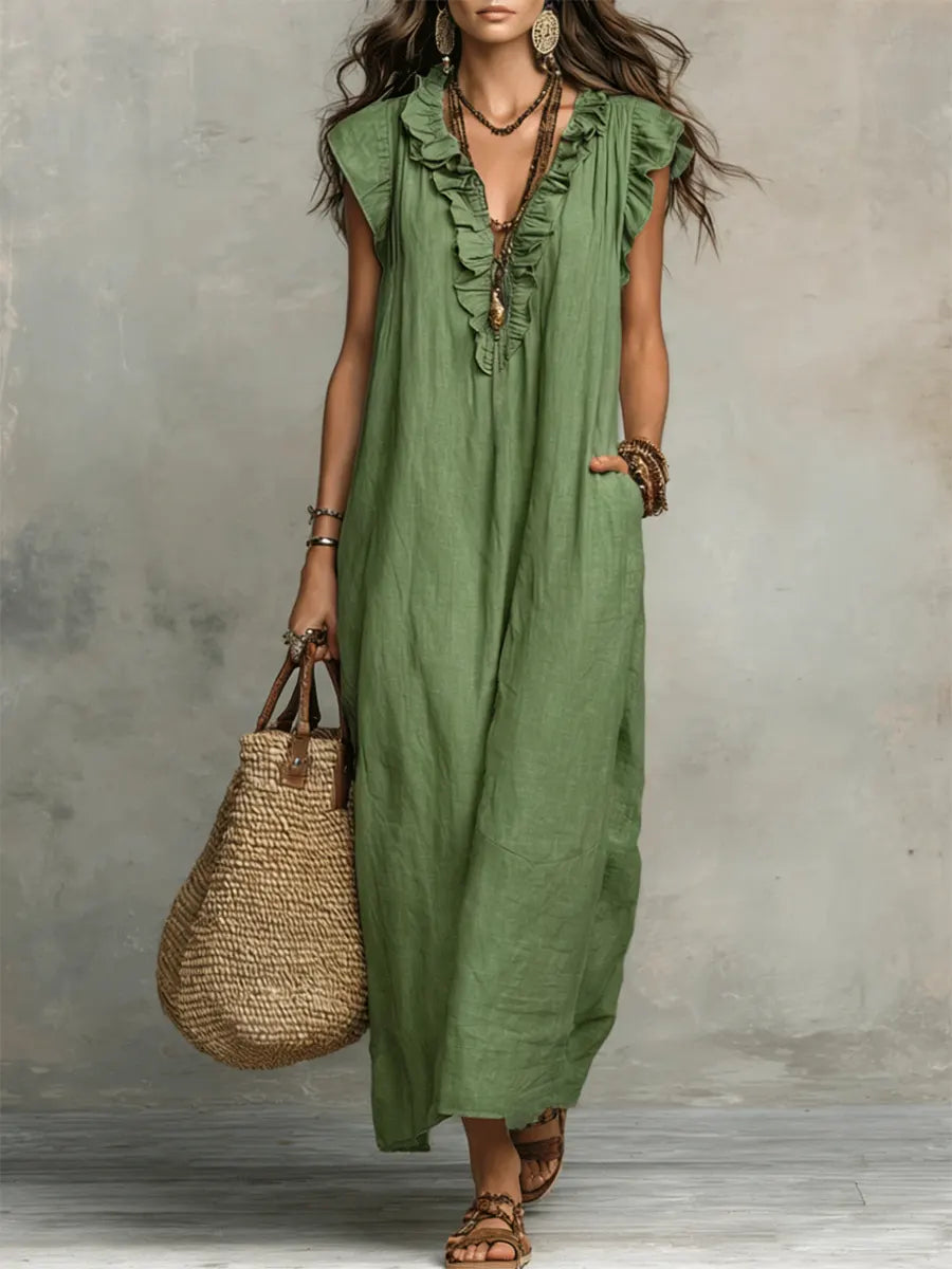 Margot | Ruffle-Neck Linen Maxi Dress