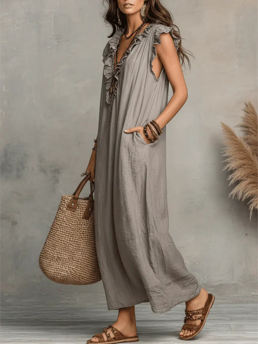 Margot | Ruffle-Neck Linen Maxi Dress