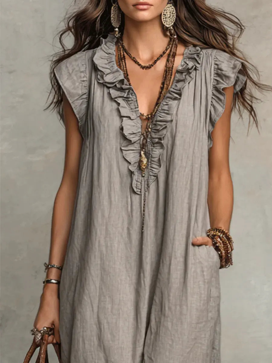 Margot | Ruffle-Neck Linen Maxi Dress