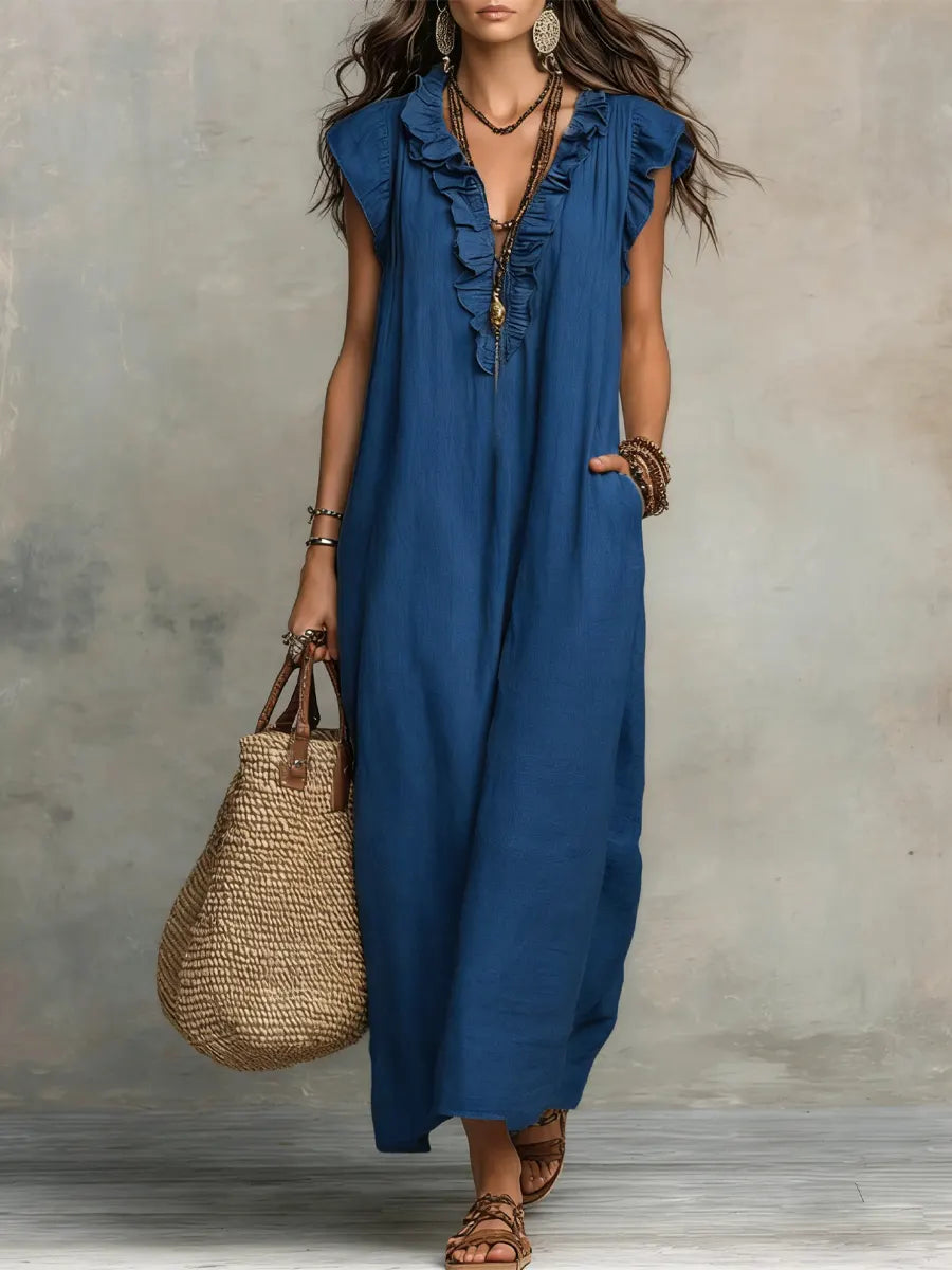 Margot | Ruffle-Neck Linen Maxi Dress