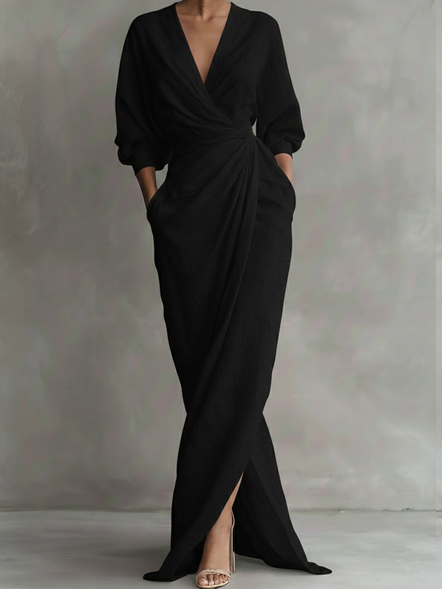 Avalonni – Elegant Wrap Maxi Dress with Soft Draping