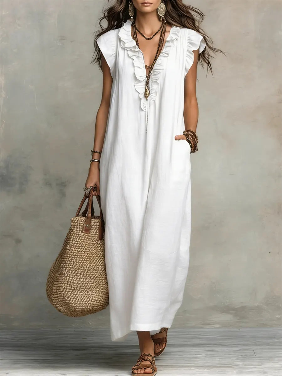 Margot | Ruffle-Neck Linen Maxi Dress