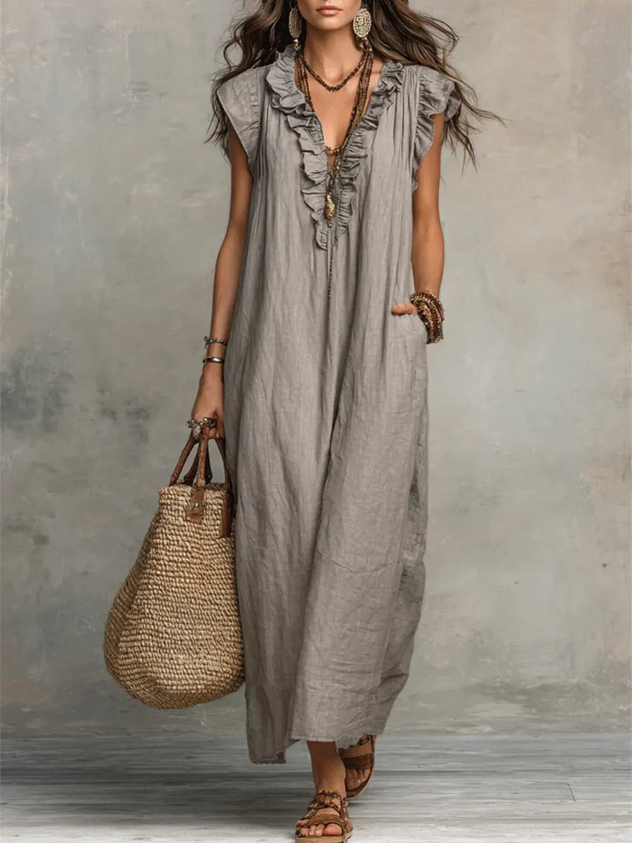 Margot | Ruffle-Neck Linen Maxi Dress