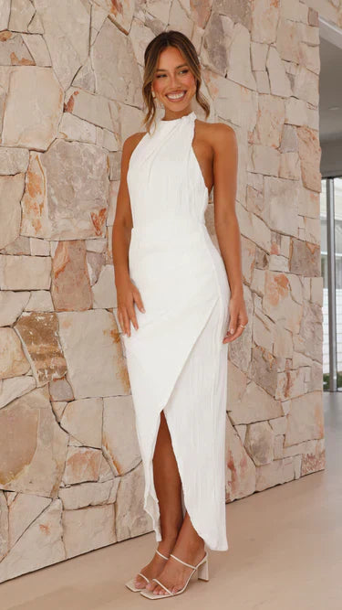 Stella | Halterneck Pleated Wrap Maxi Dress